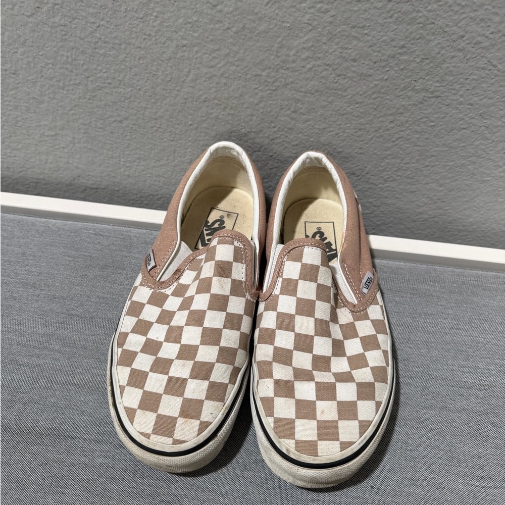 Vans Brown and White Checkered Slip-On Sneakers